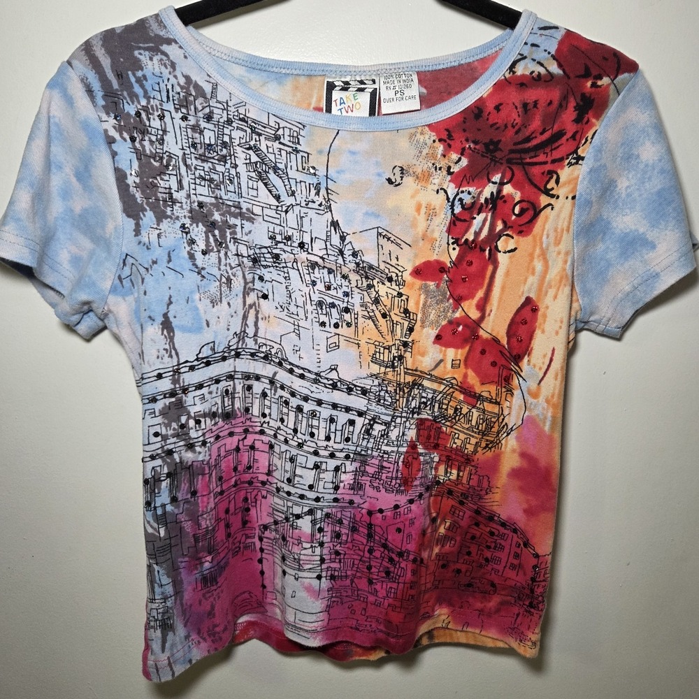 Take Two Abstract Cityscape Graphic Tee Rhinestone Studded Top Short Sleeve PS